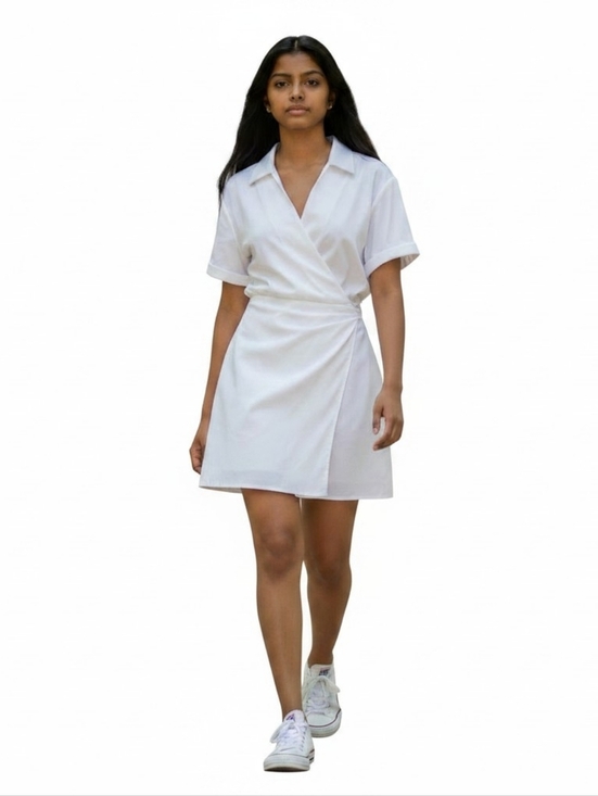 Zara Dresses & Skirts - Zara Mini Wrap Dress Size S White V Neck Lapel Collar Textured Cuffed Sleeve New